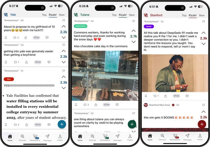 Fizz app displayed on three smartphone screens