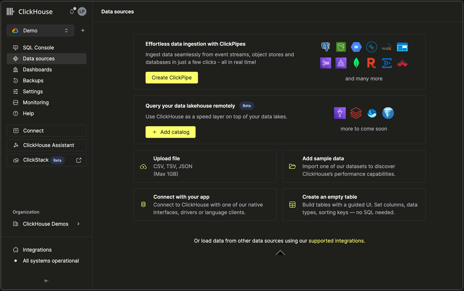 ClickHouse Cloud interface dashboard screenshot