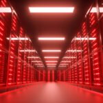 Endangered, hacked Server room interior in datacenter, red lights. 3D Render