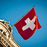 swiss flag waving on historic building
